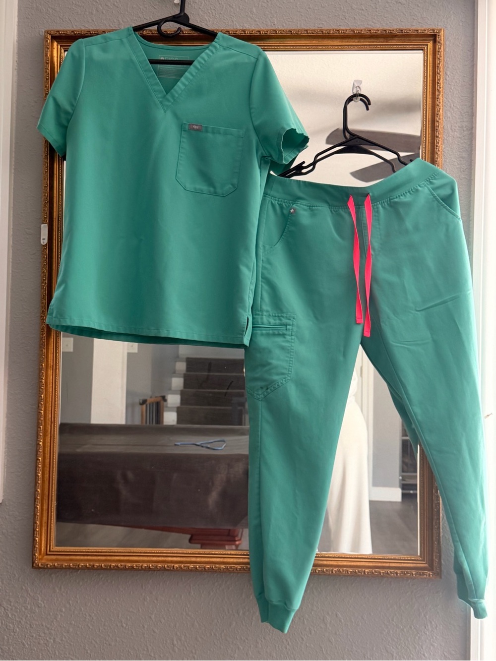 Figs surgical green Scrub Set with Hot Pink Drawstring